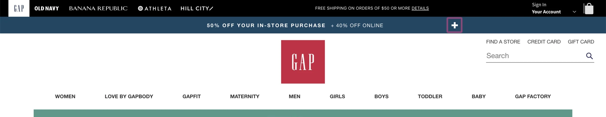 GAP's information architecture for the navigation bar